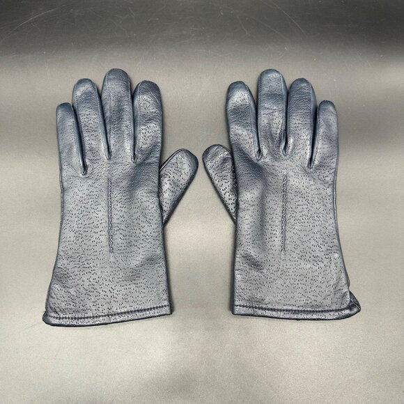Vintage Blue Leather Gloves Women Lined Black Winter Retro Soft 8.5 / 9 - Picture 2 of 6